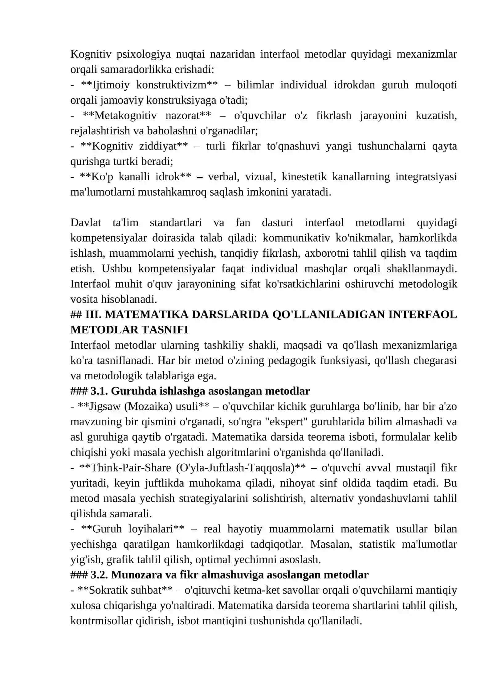 MATEMATIKA TA'LIMIDA INTERFAOL METODLARNING QO'LLANILISHI: NAZARIY ASOSLAR, METODOLOGIYA VA AMALIY INTEGRATSIYA 2