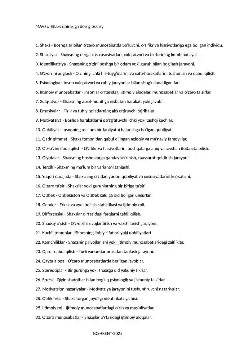 Shaxs Psixologiyasiga Doir Glossary 2