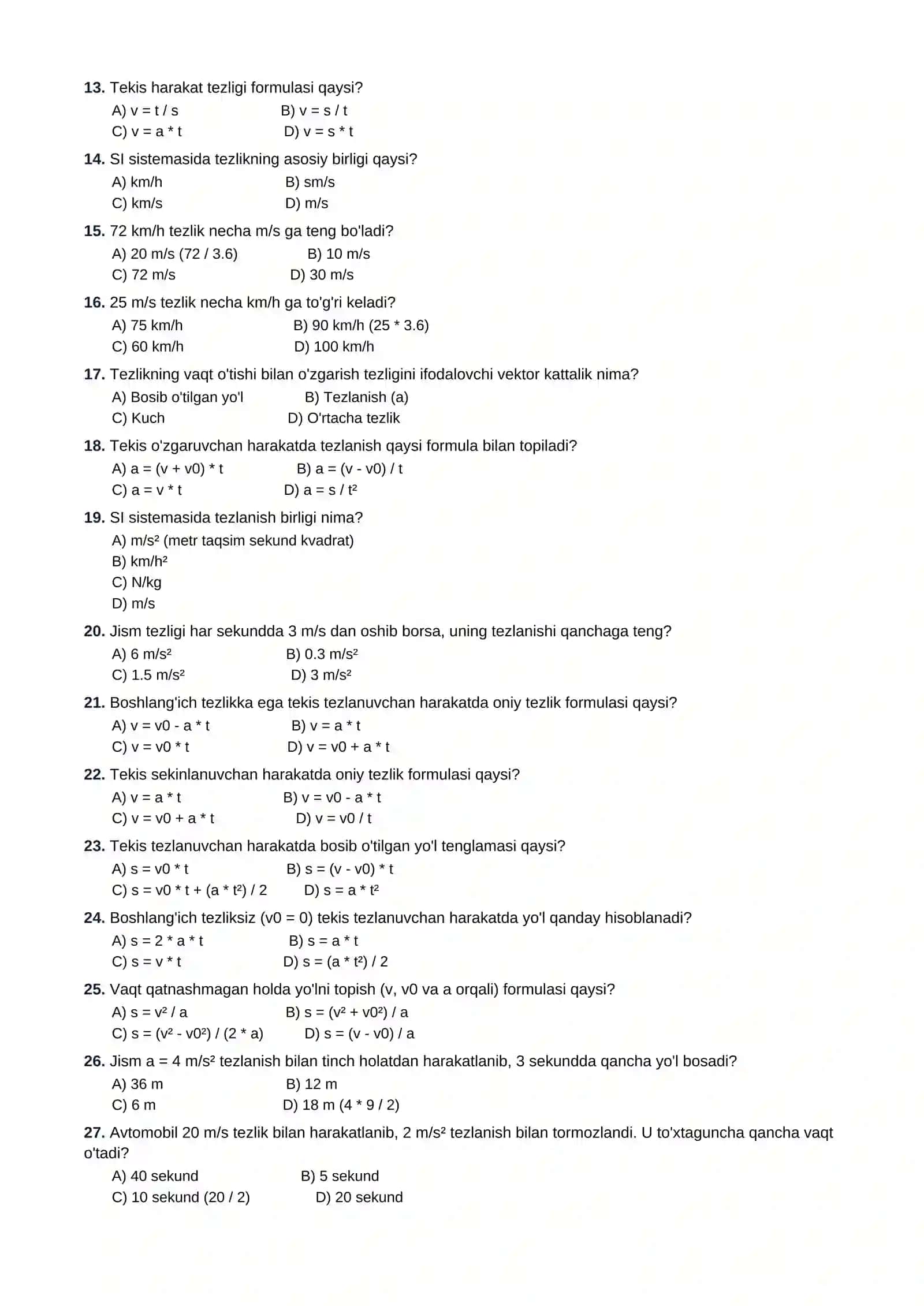 9-SINF FIZIKA FANIDAN TESTLAR TO'PLAMI 2