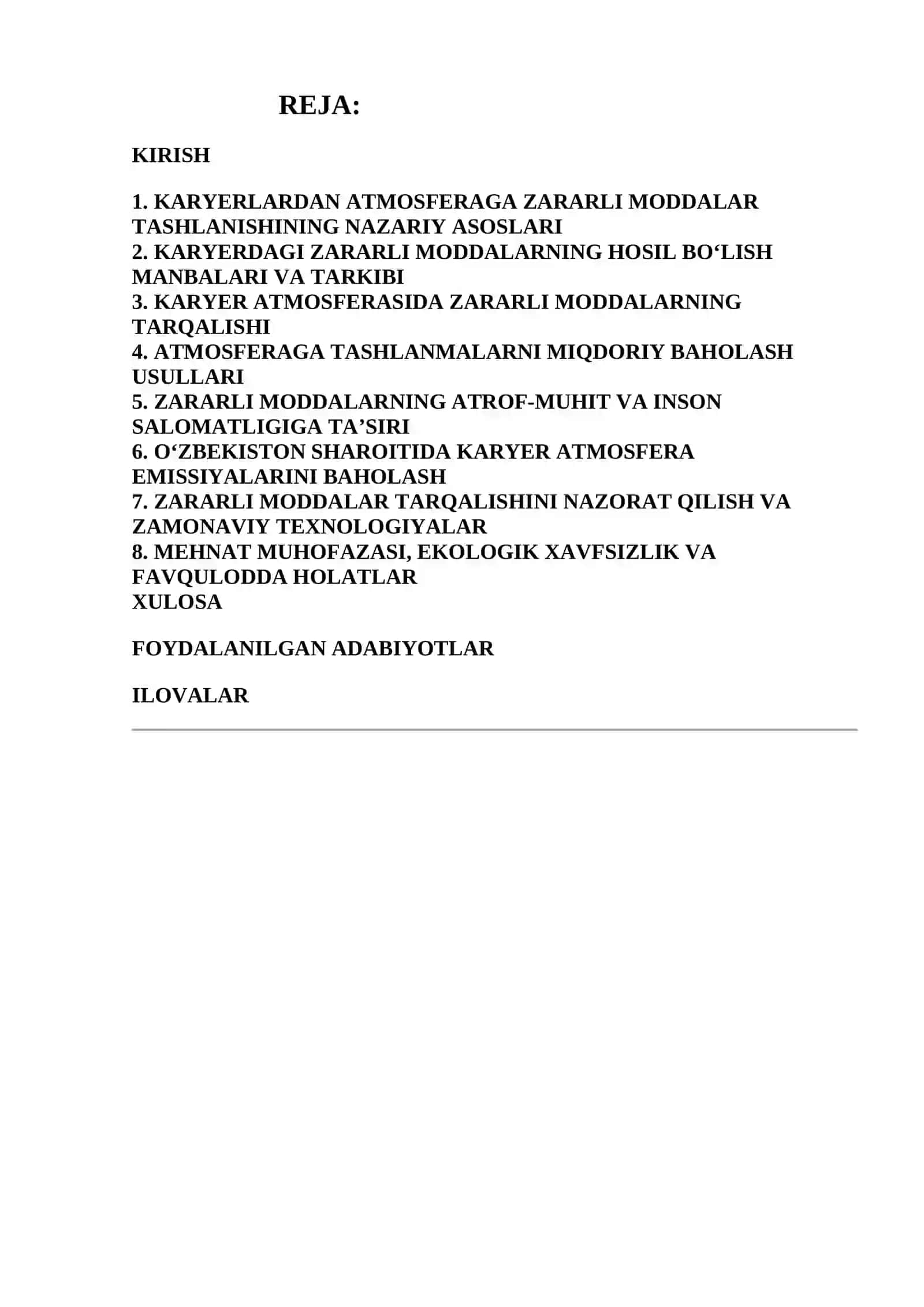 “Karyerlardan atmosferaga tashlanayotgan zararli moddalarning atrof-muhitga ta’sirini baholash” 2
