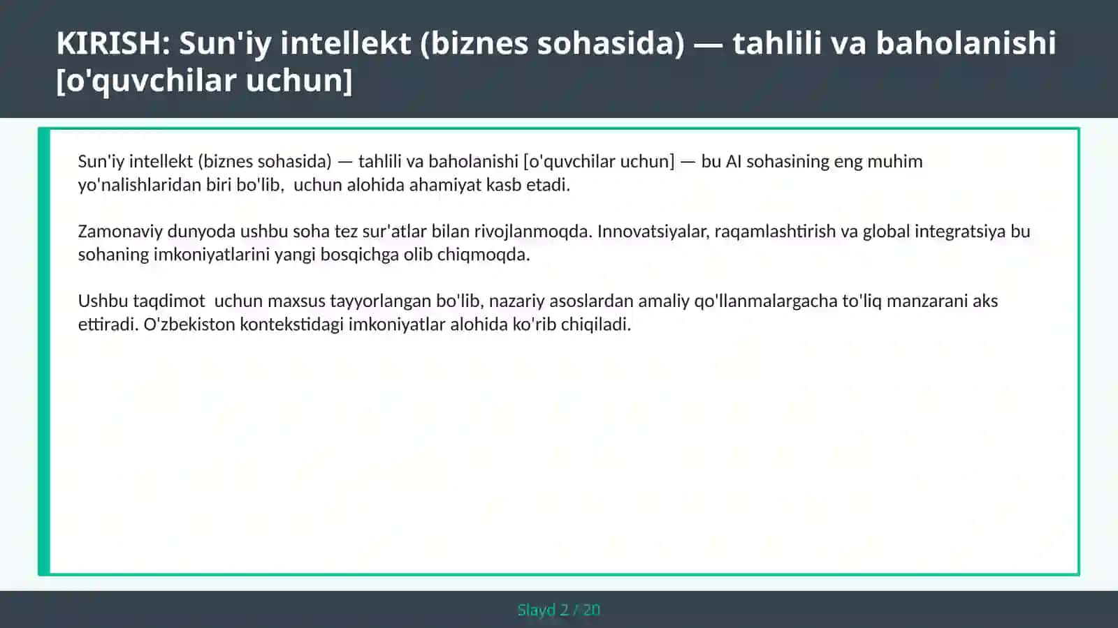 Sun'iy intellekt (biznes sohasida) — tahlili va baholanishi [o'quvchilar uchun] 2