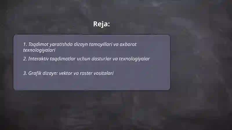 Taqdimot va dizayn sohasida axborot texnologiyalari 2