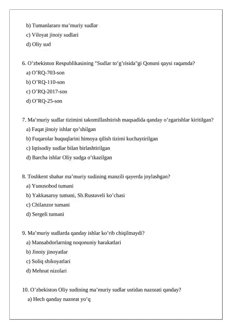 Ma’muriy sudlar bo’yicha Test 2