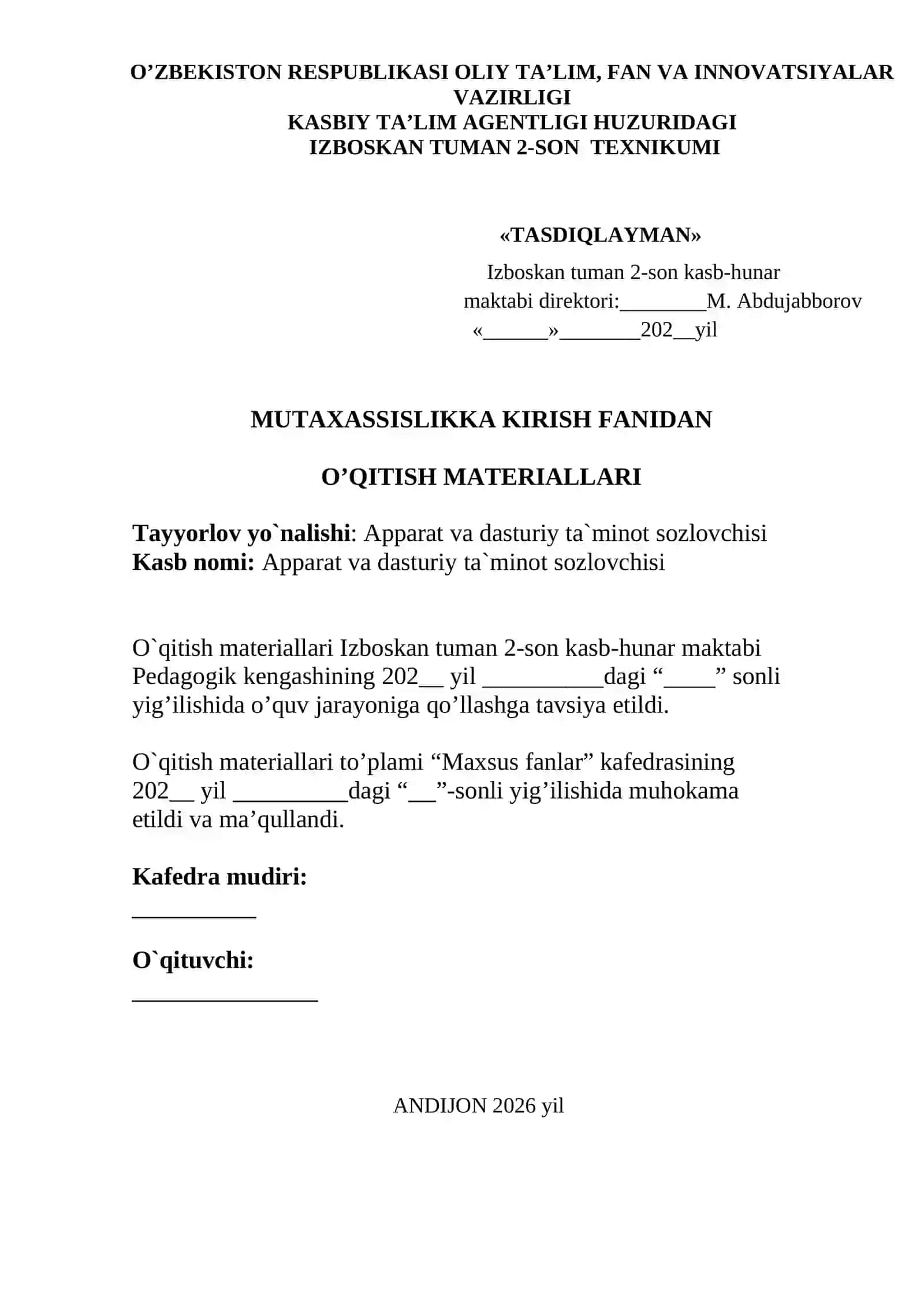 Mutaxasislikka kirish fanidan O'MT 2