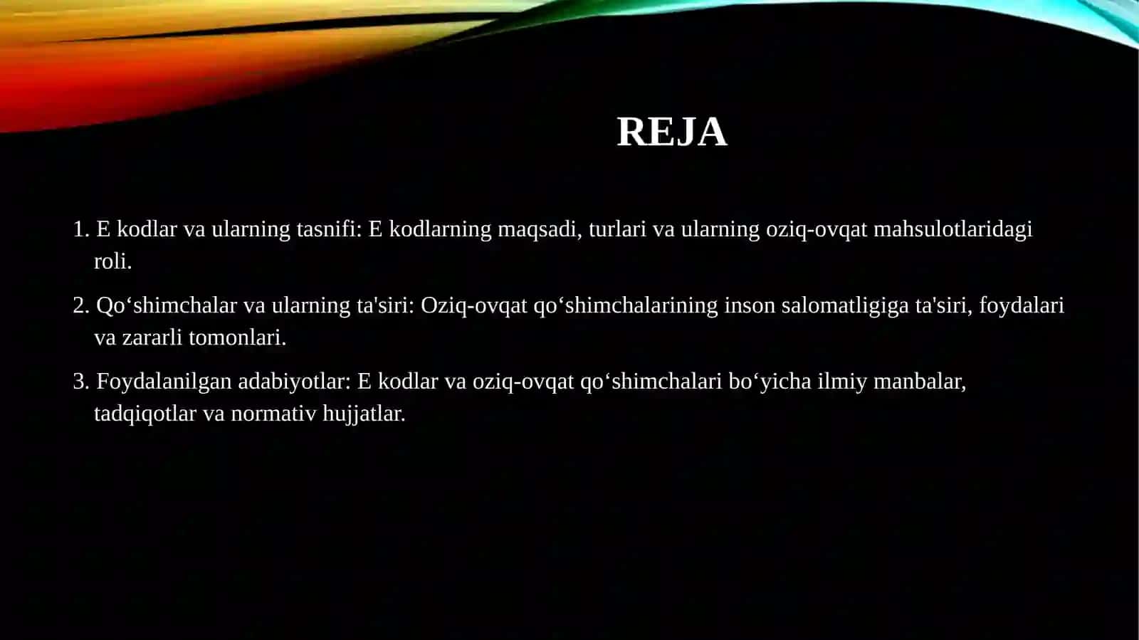 Hid va tam beruvchi qoʻshimchalar uchun E kodlar va foydalangan adabiyotlar 2