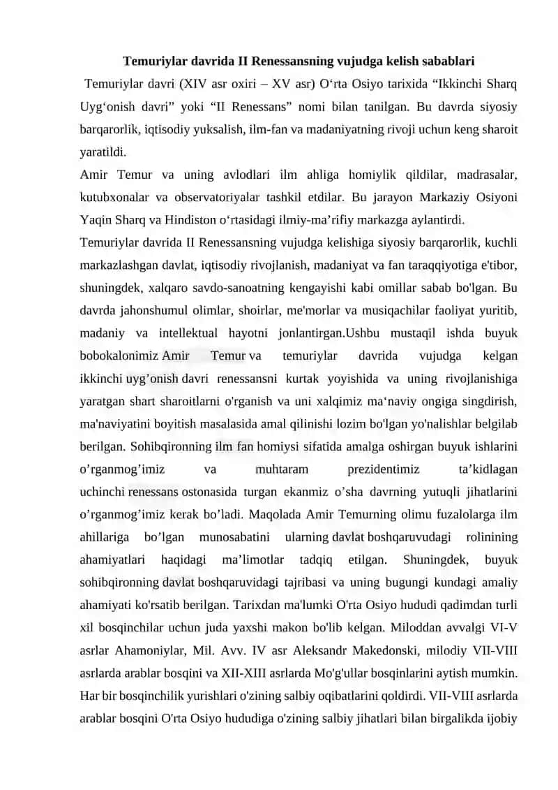 Temuriylar davrida II Renessans: ta’lim-tarbiya va pedagogika g‘oyalari taraqqiyoti 2