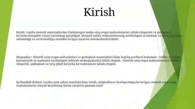 Sintеtik Оziq-Оvqаt Mаhsulоtlаri Vа Qаdоqlаsh-O’Rаsh Mаtеriаllаri Zаrаri, Ulаrni Хаvfsizlаntirish Yo’Llаri Korxona Loyihasini Bosh Rejasi 2