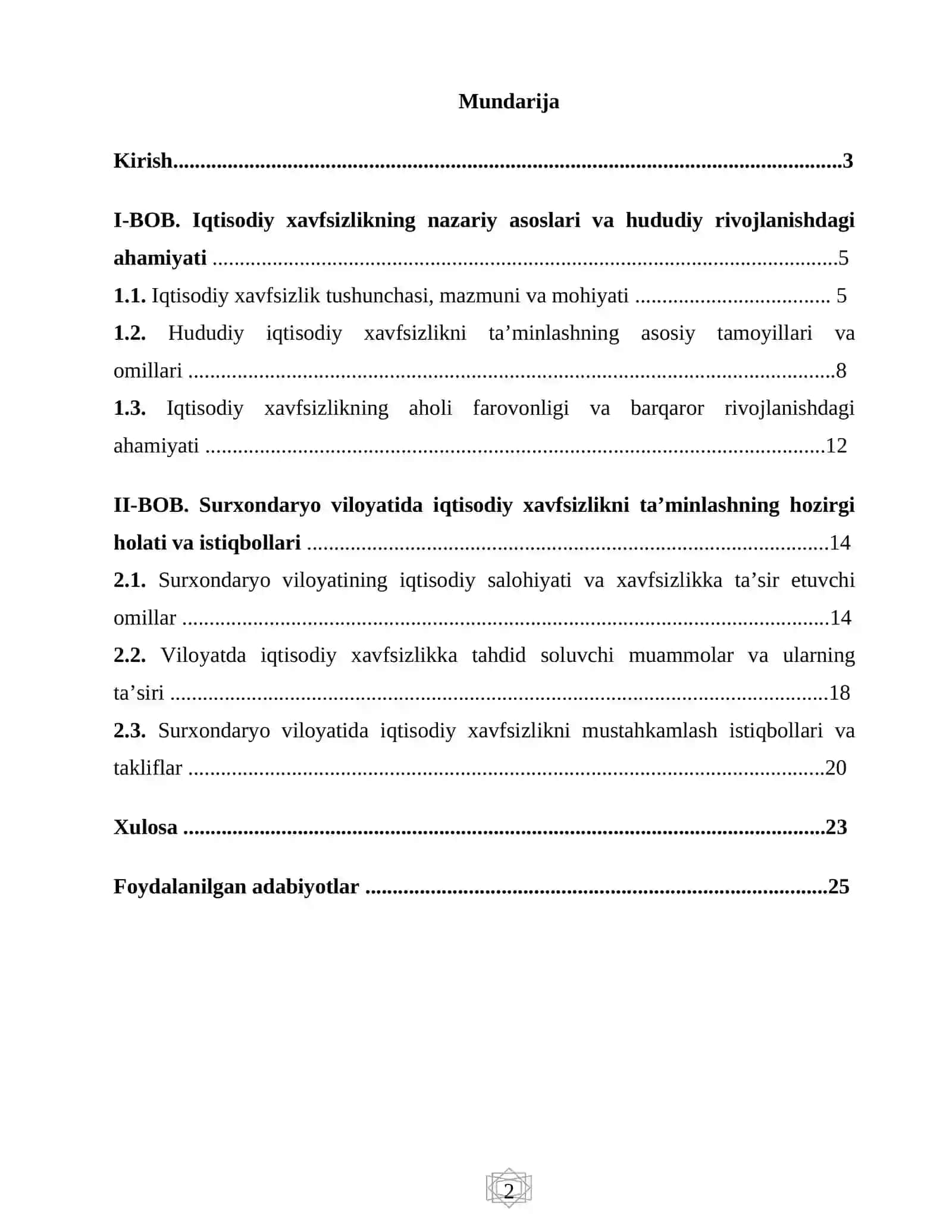 Surxandaryo viloyatida iqtisodiy xafsizlikni ta’minlash istiqbollari 2