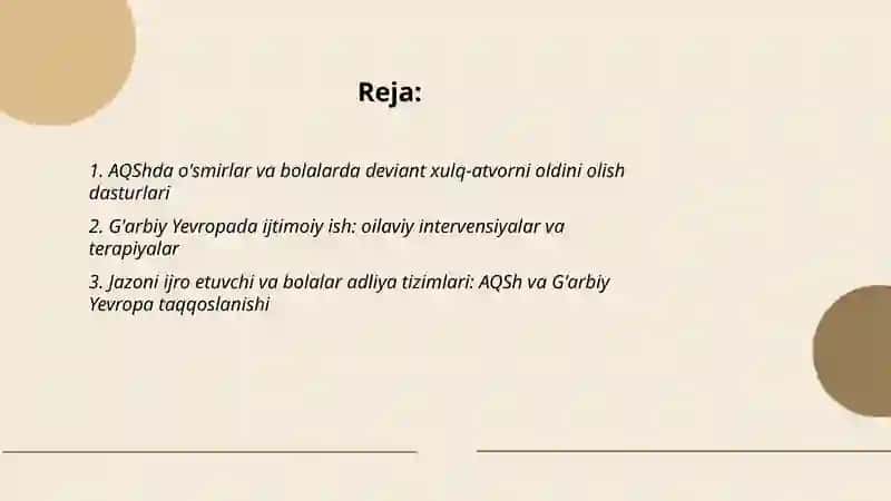 AQSh va Ğarbiy Yevropa mamlakatlarida deviant xulq atvor ōsmirlar va bolalar bilan ijtimoiy ish Taqdimod 2