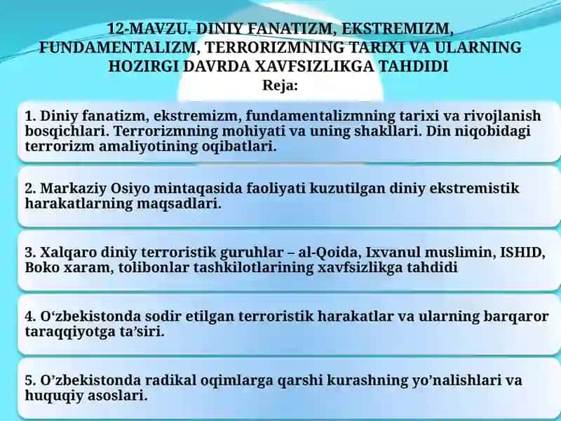 Diniy fanatizm, ekstremizm, fundamentalizm, terrorizmning tarixi va ularning hozirgi davrda xavfsizlikga tahdidi 2