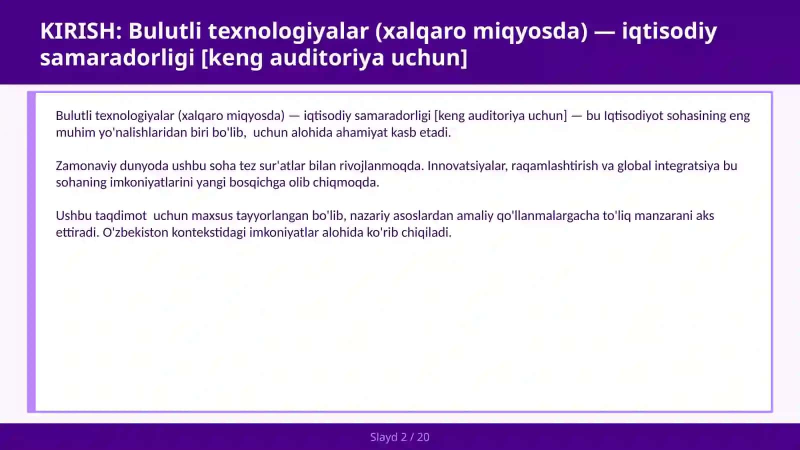 Bulutli texnologiyalar (xalqaro miqyosda) — iqtisodiy samaradorligi [keng auditoriya uchun] 2