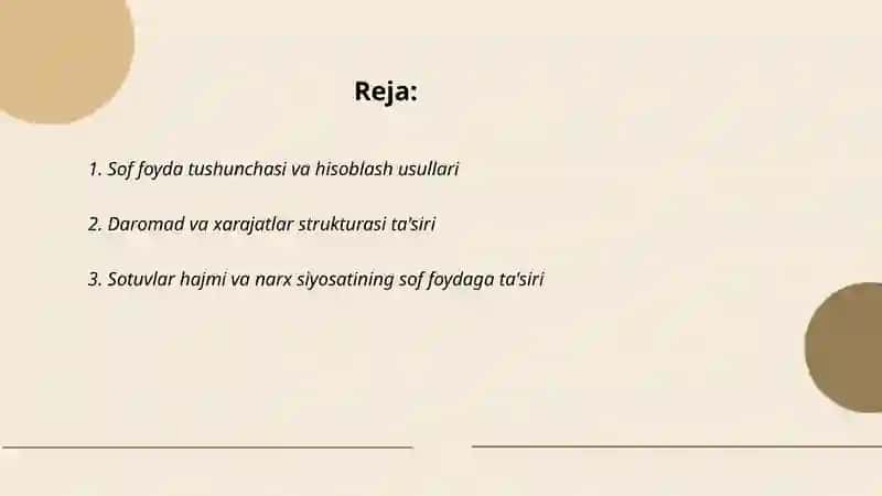 Sof foyda va unga taʻsir etuvchi omillar tahlili 2