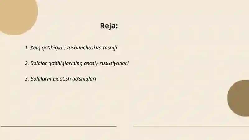 Xalq qo'shiqlar tasnifi. Bolalar qo'shiqlari 2