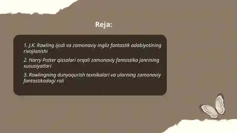 Zamonaviy ingliz fantastik adabiyoti. J.K.Rouling ijodi misolida 2