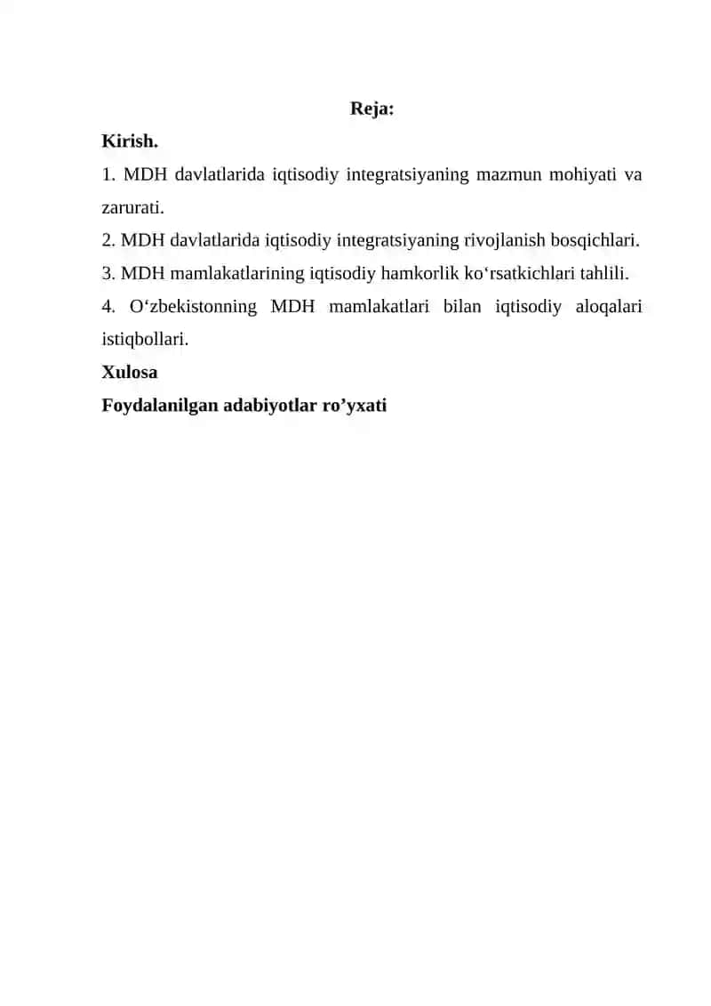 “Iqtisodiyotning MDH mamlakatlari doirasida integratsiyalashuv tendensiyalari” mavzusida ilmiy ish 2