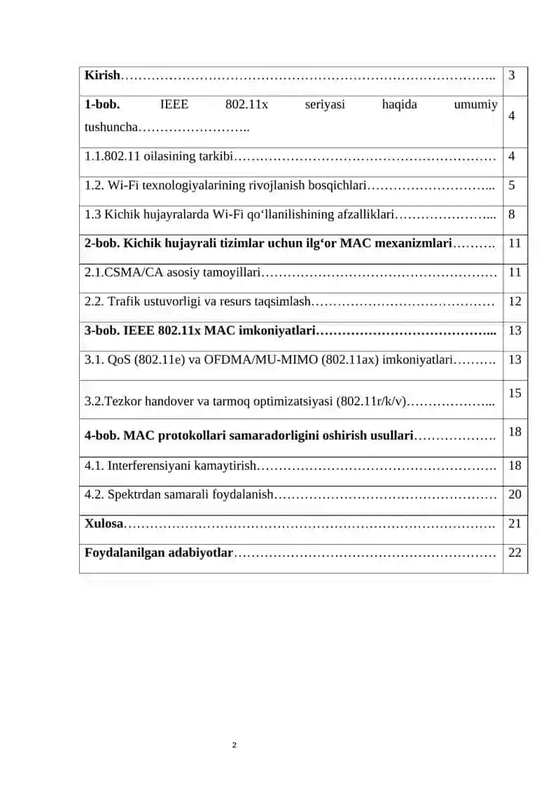 Kichik hujayrali tizimlar uchun ilg‘or MAC protokollari: IEEE 802.11x seriyasi 2