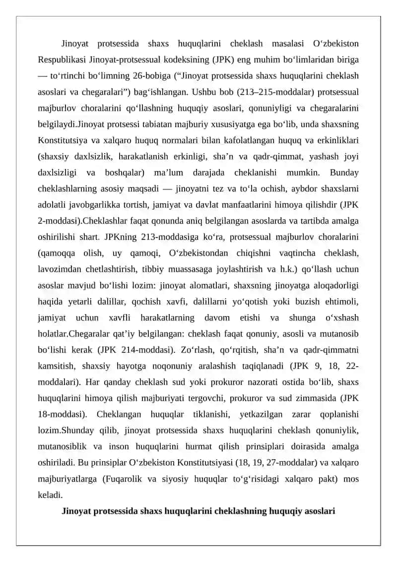 Jinoyat protsessida shaxs huquqlarini cheklash asoslari va chegaralari 2