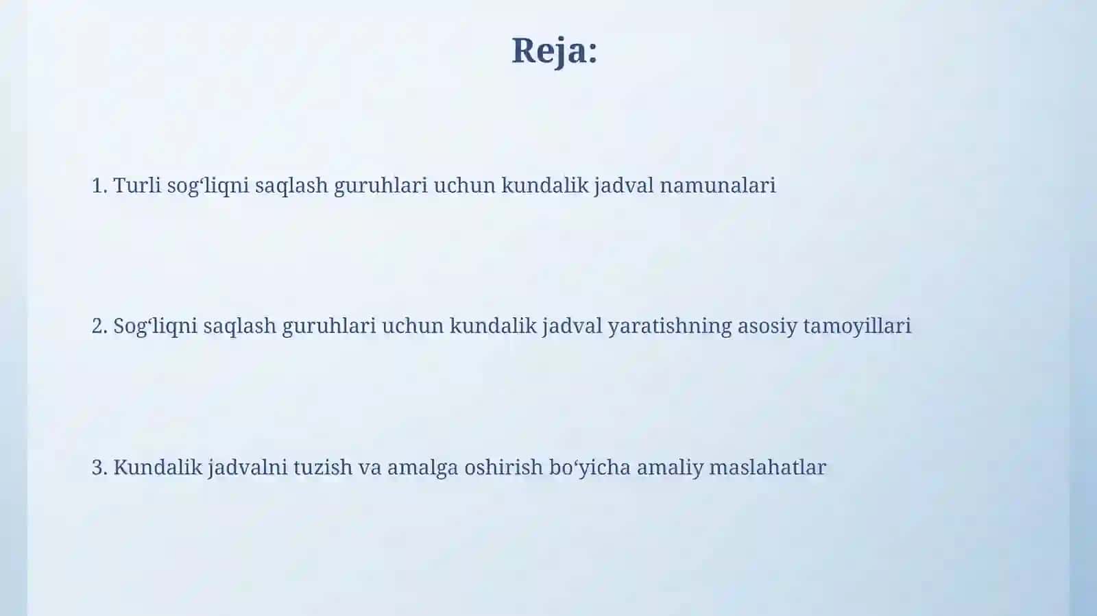 Turli sogʻliqni saqlash guruhlari uchun kundalik jadval namunalari 2
