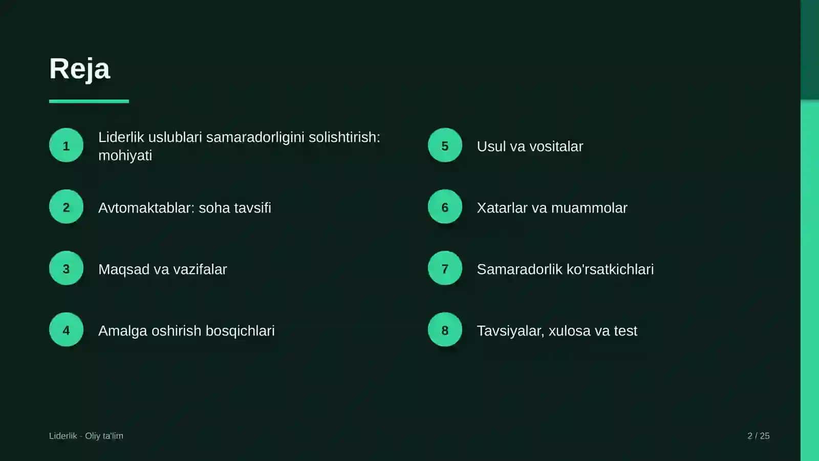 Avtomaktablarda liderlik uslublarining samaradorligini solishtirish 2