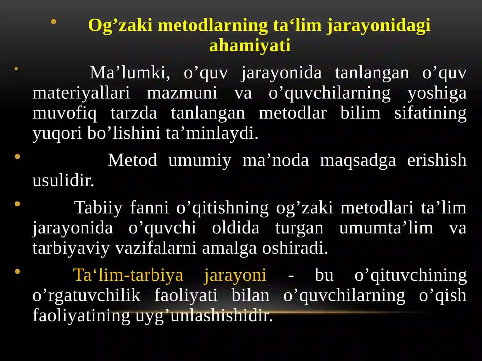 Metodlar klassifikatsiyasi. O’qitishning o’zaki va ko’rgazmali metodlari 2