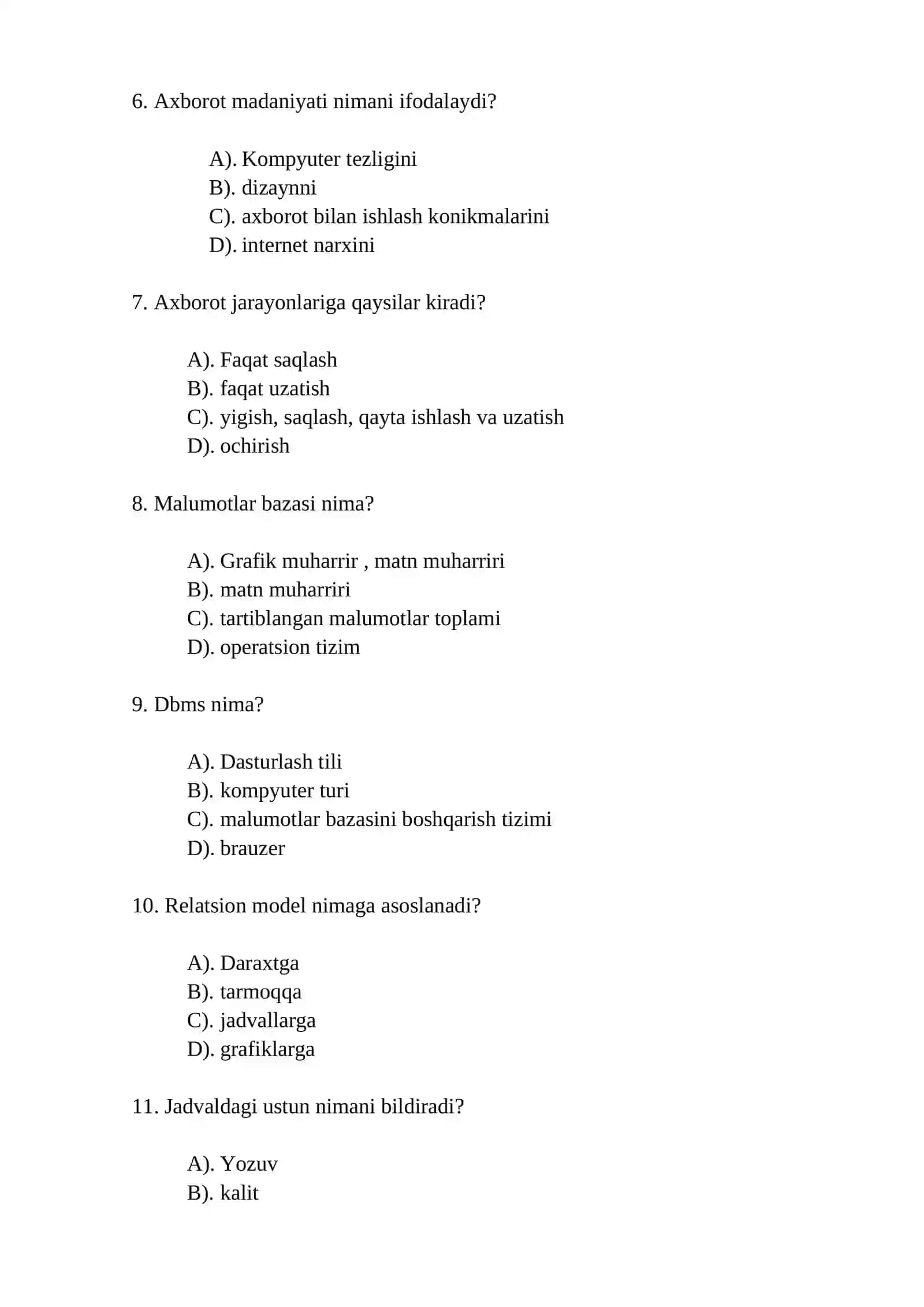 Iqtisodiyotda axborot kommunikatsiya texnologiyalari” fanidan o‘tkaziladigan  YAKUNİY TEST 2