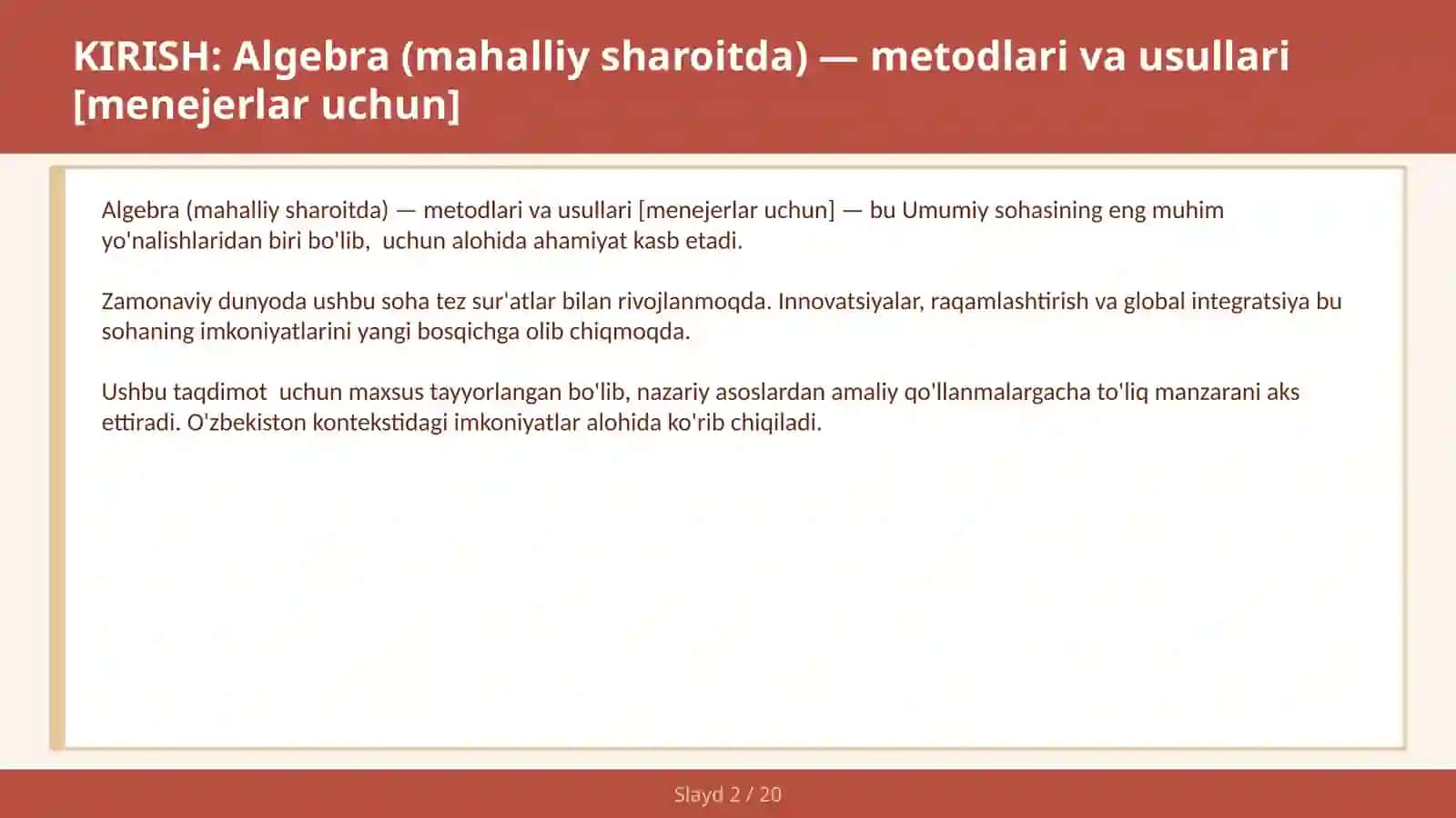 Algebra (mahalliy sharoitda) — metodlari va usullari [menejerlar uchun] 2
