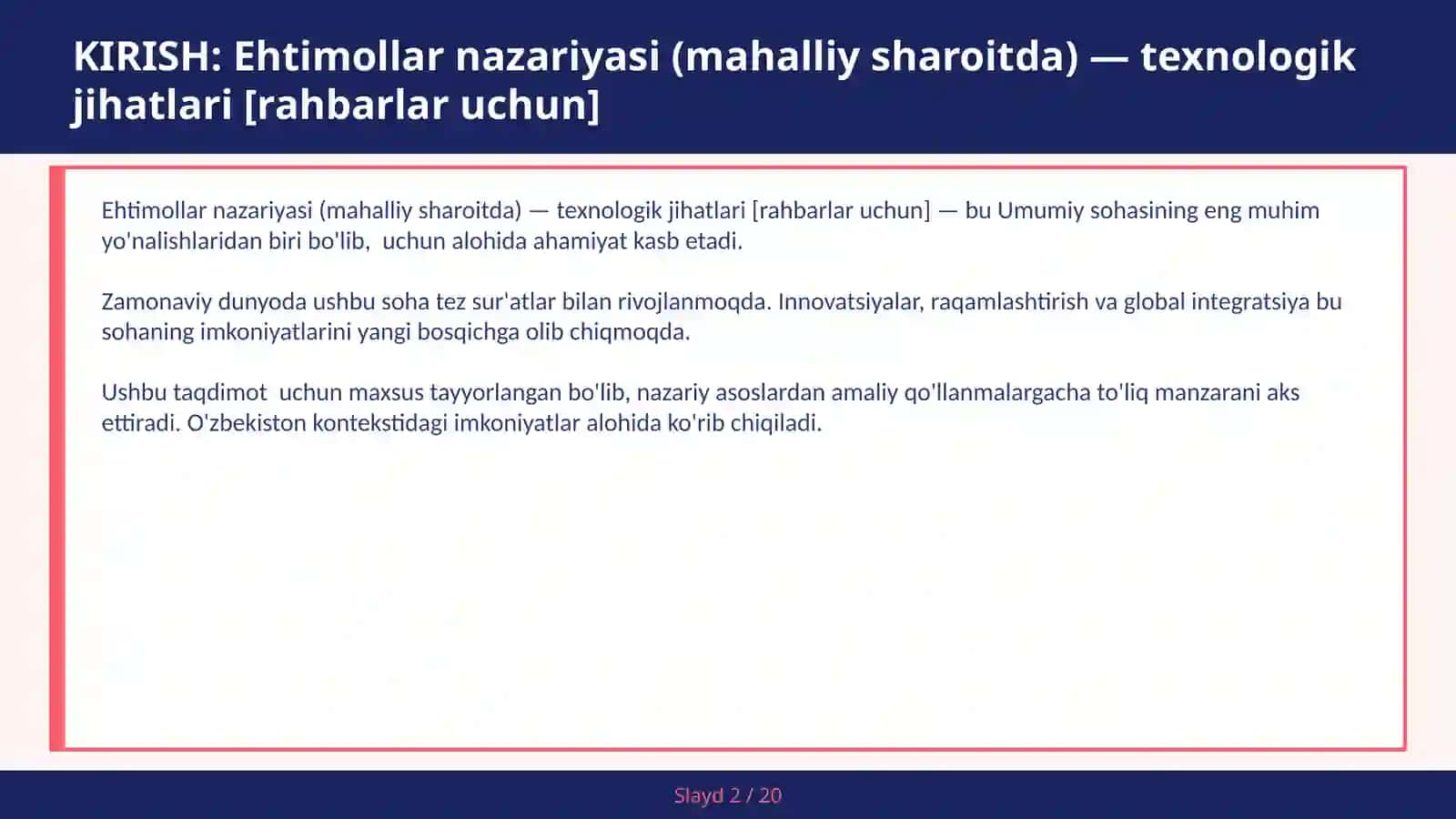 Ehtimollar nazariyasi (mahalliy sharoitda) — texnologik jihatlari [rahbarlar uchun] 2