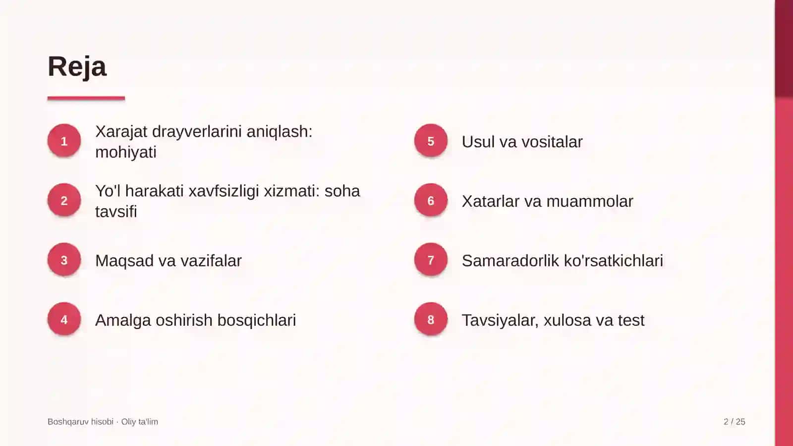 Yo'l harakati xavfsizligi xizmatida xarajat drayverlarini aniqlash 2