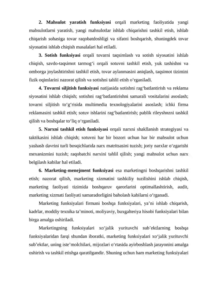 MARKETINGNING FUNKSIYALARI, VAZIFALARI VA TAMOYILLARI 2