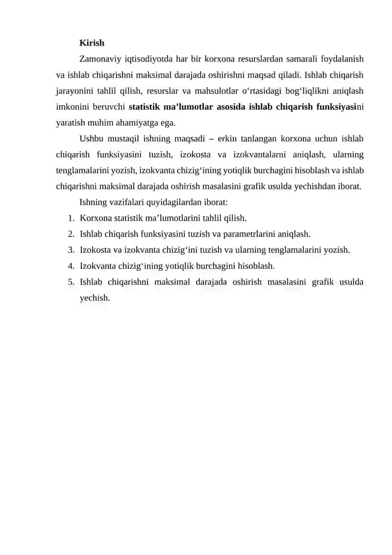 KORXONA ISHLAB CHIQARISH FUNKSIYASINI TAHLIL QILISH VA OPTIMALLASHTIRISH 2