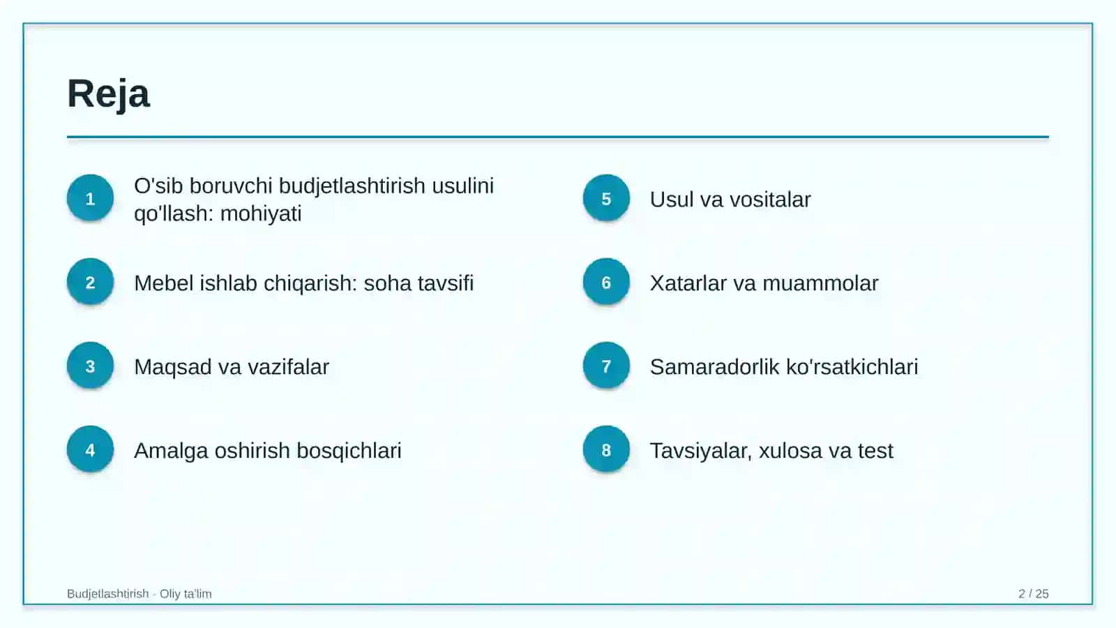 mebel ishlab chiqarishda o'sib boruvchi budjetlashtirish usulini qo'llash 2581 2