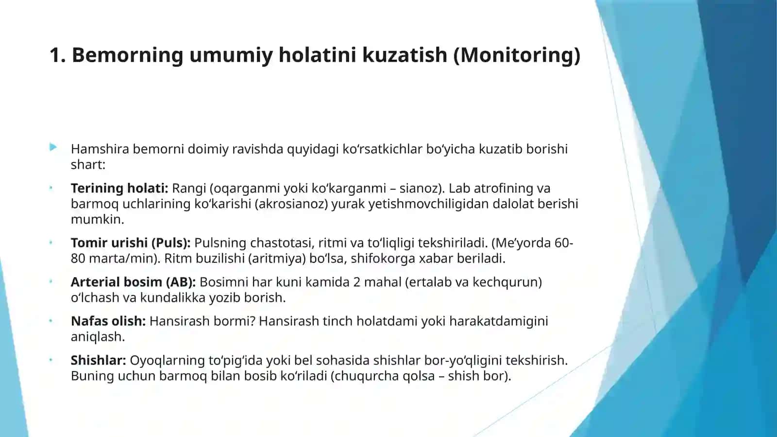 Yurak qon tomir tizimi kasalliklarida kasallik belgilarini aniqlash, kasallangan bemorlarni parvarishivakuzatish 2