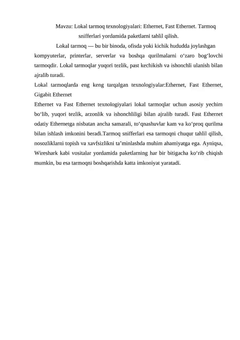 Lokal tarmoq texnologiyalari: Ethernet, Fast Ethernet 2