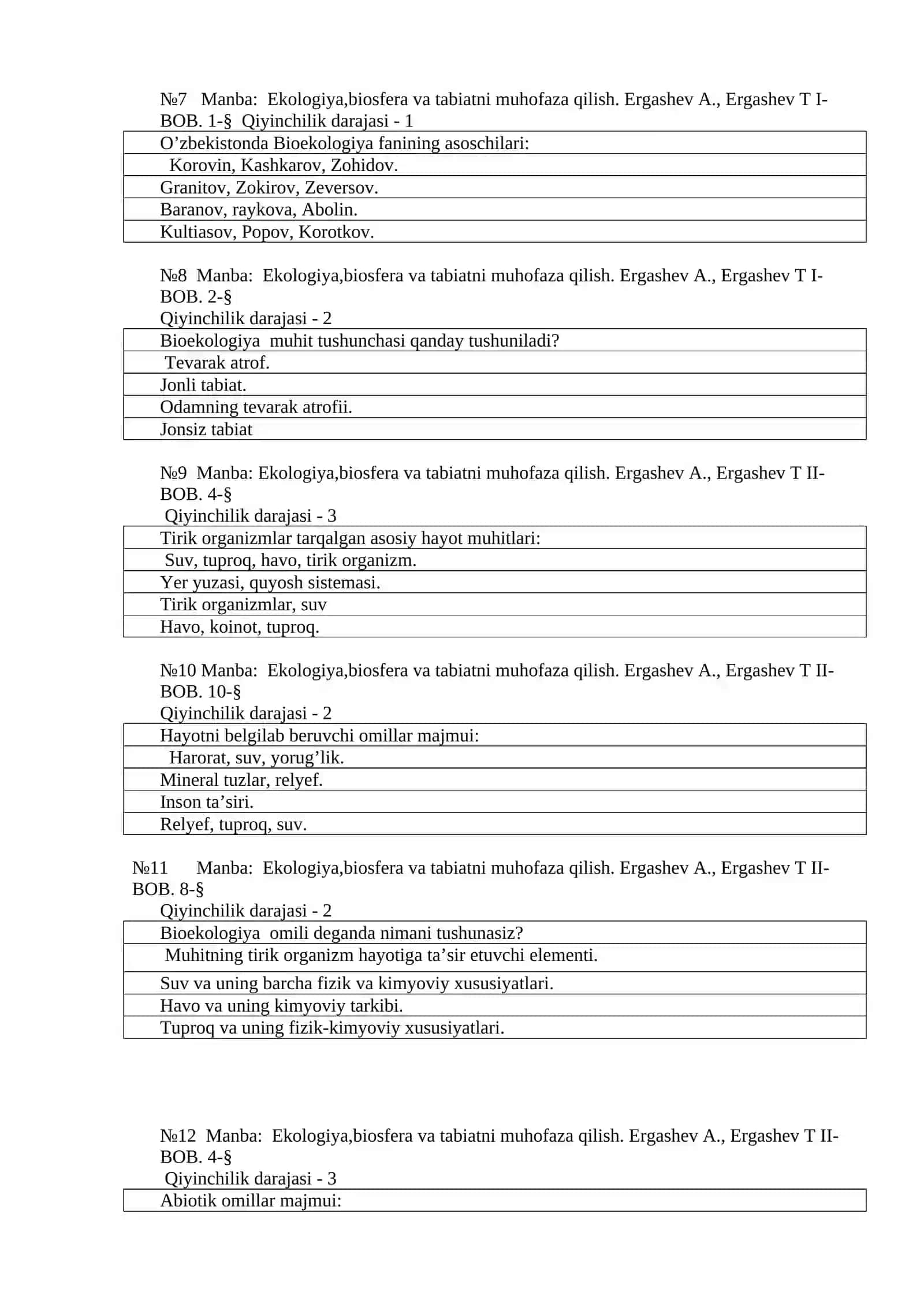 Bioekologiya fanidan testlar 2