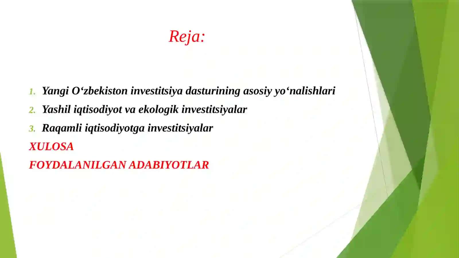 Yangi O’zbekistonning investitsiya dasturi yo’nalishlari 2