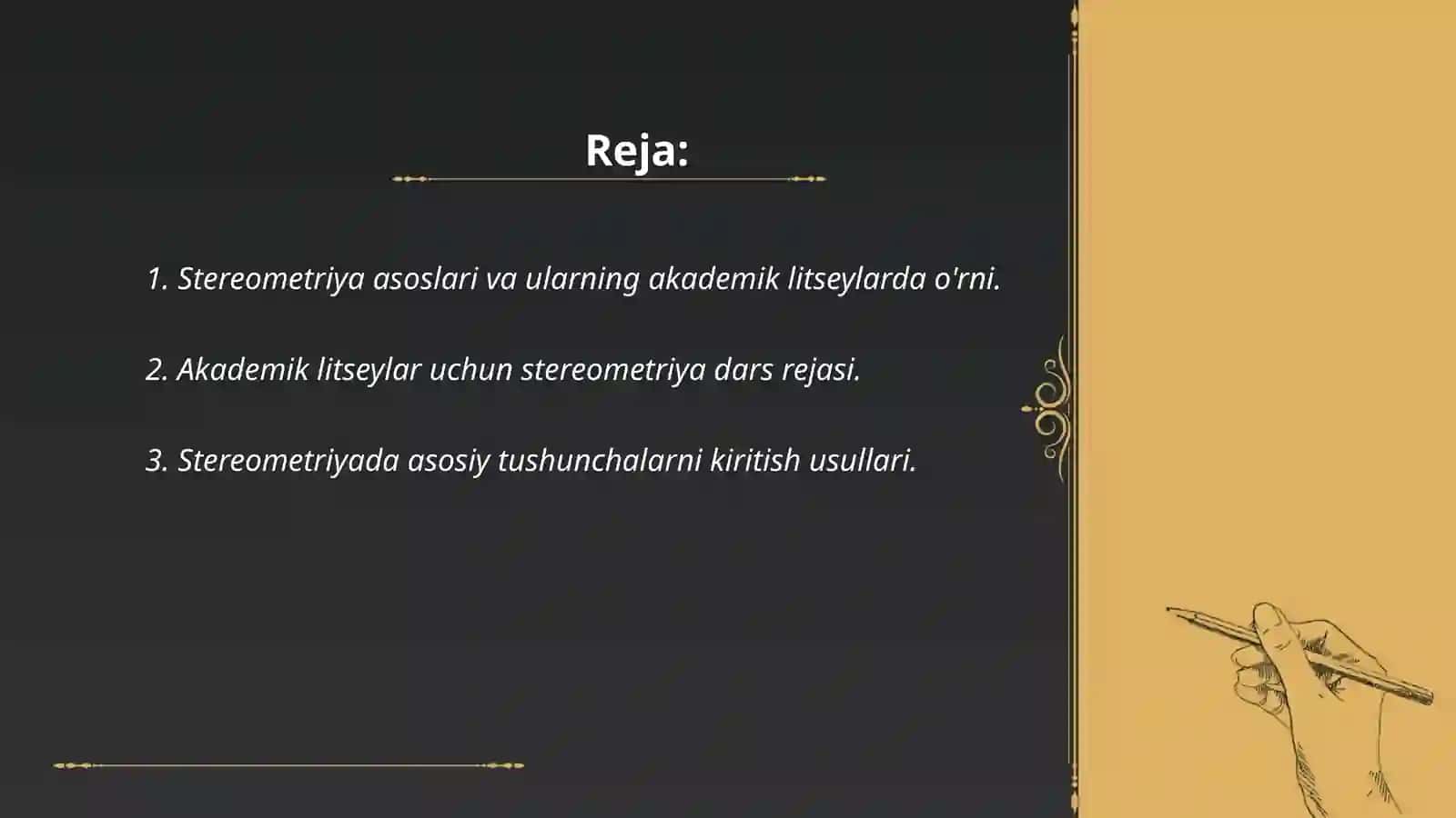 Akademik litseylarda steriometiryaning dastlabki mashg'ulotlari oqitish metodikasi. Akademik litseylar geometirya kursida yuza va hajm tushunchalarini kiritish va o'qitish metodikasi 2
