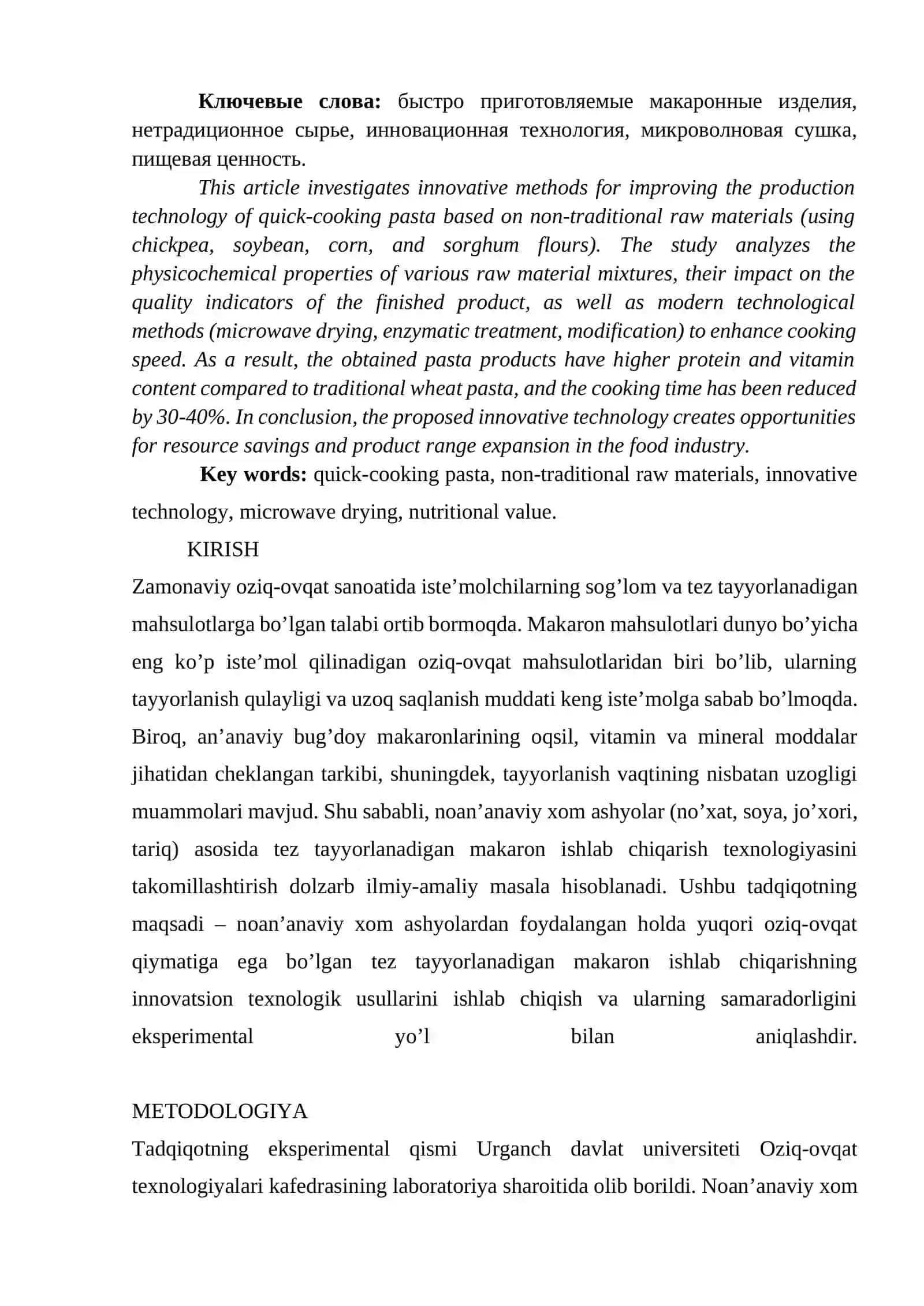NOAN’ANAVIY XOM ASHYOLAR ASOSIDA TEZ TAYYORLANADIGAN MAKARON ISHLAB CHIQARISH TEXNOLOGIYASINI TAKOMILLASHTIRISHNING INNOVATSION USLUBLARI 2