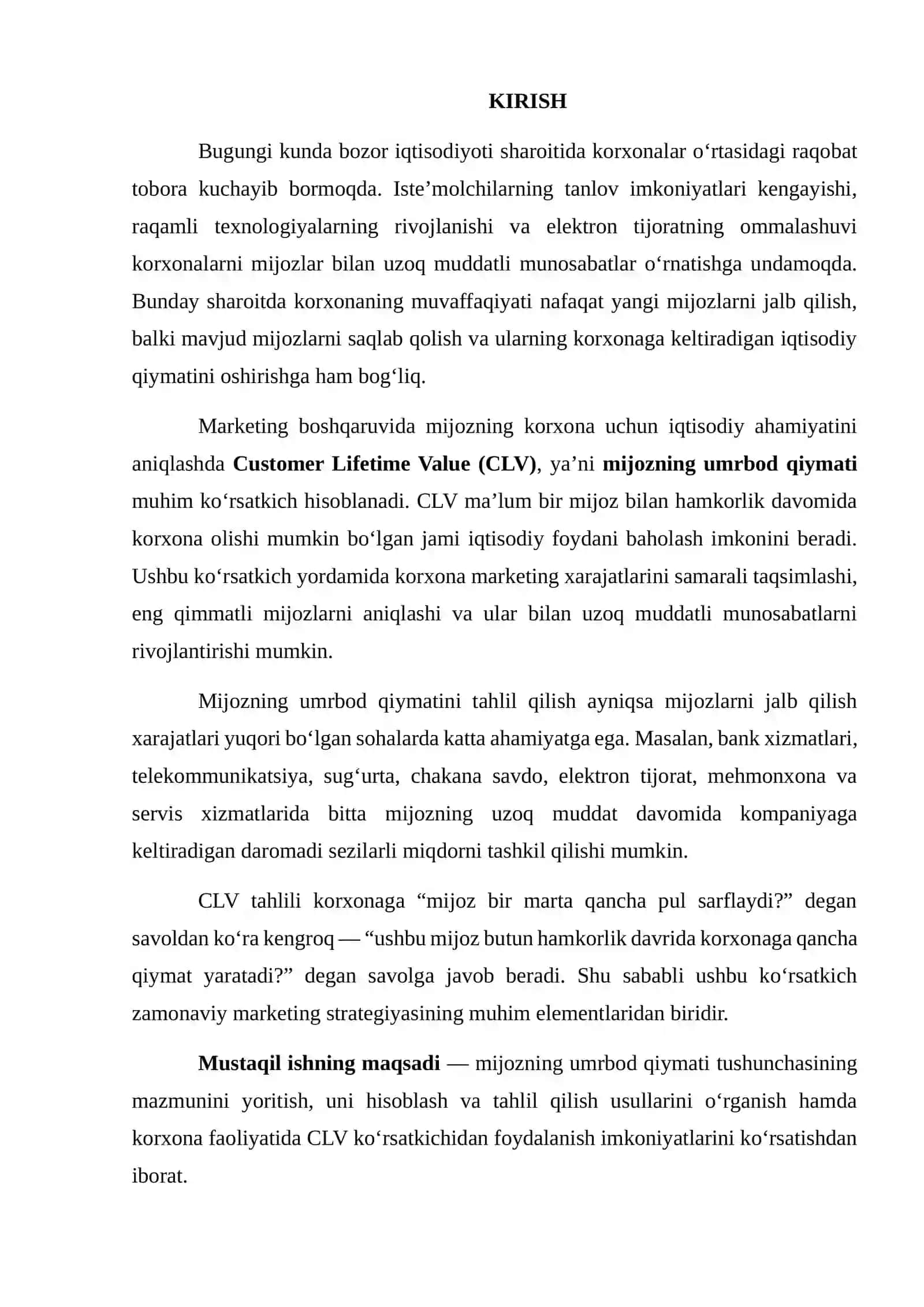 MIJOZNING UMRBOD QIYMATI (CUSTOMER LIFETIME VALUE — CLV) TAHLILI 2