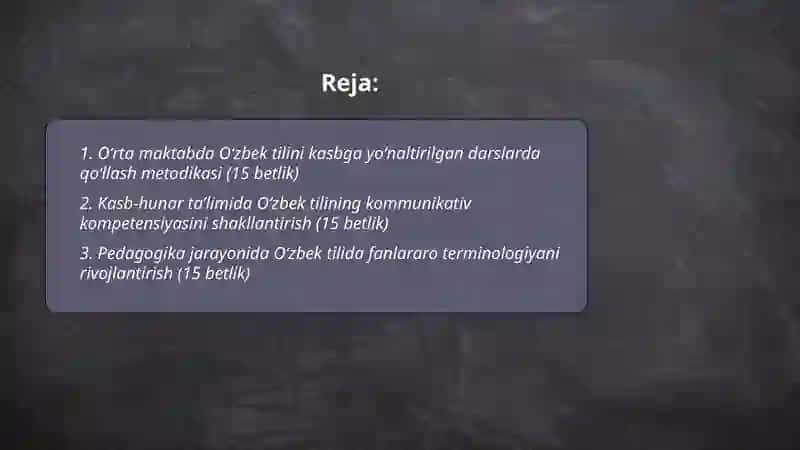 Oʻzbek tilining sohada qoʻllanishi.Pedagogika 15 betlik 2