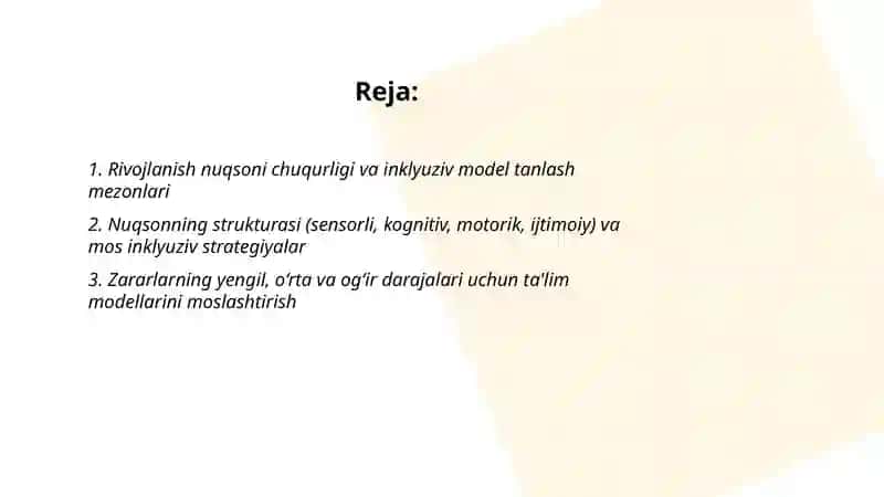 Rivojlanish nuqsoni chuqurligi va inklyuziv model tanlash mezonlari 2
