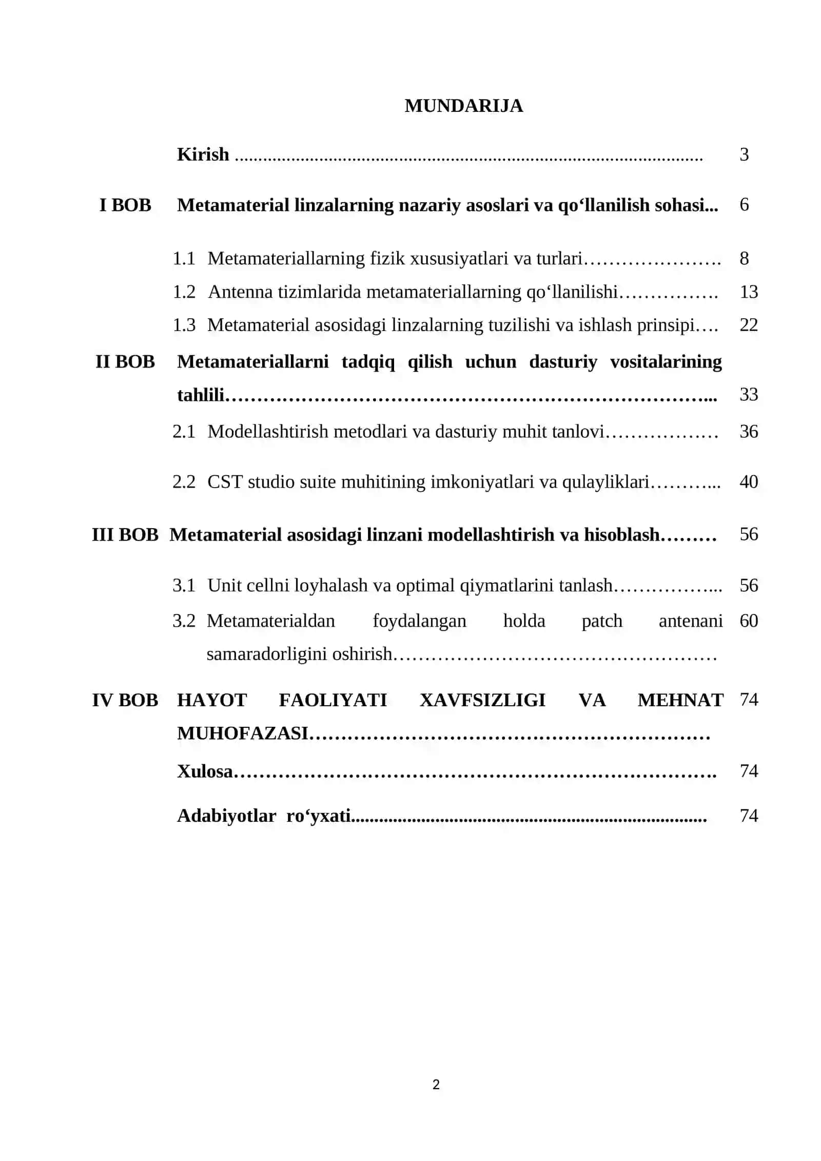 Metamaterial asosidagi linzalarni modellashtirish va samaradorligini tahlil qilish | Diplom ishi  | Bitiruv Malakaviy Ish BMI 2
