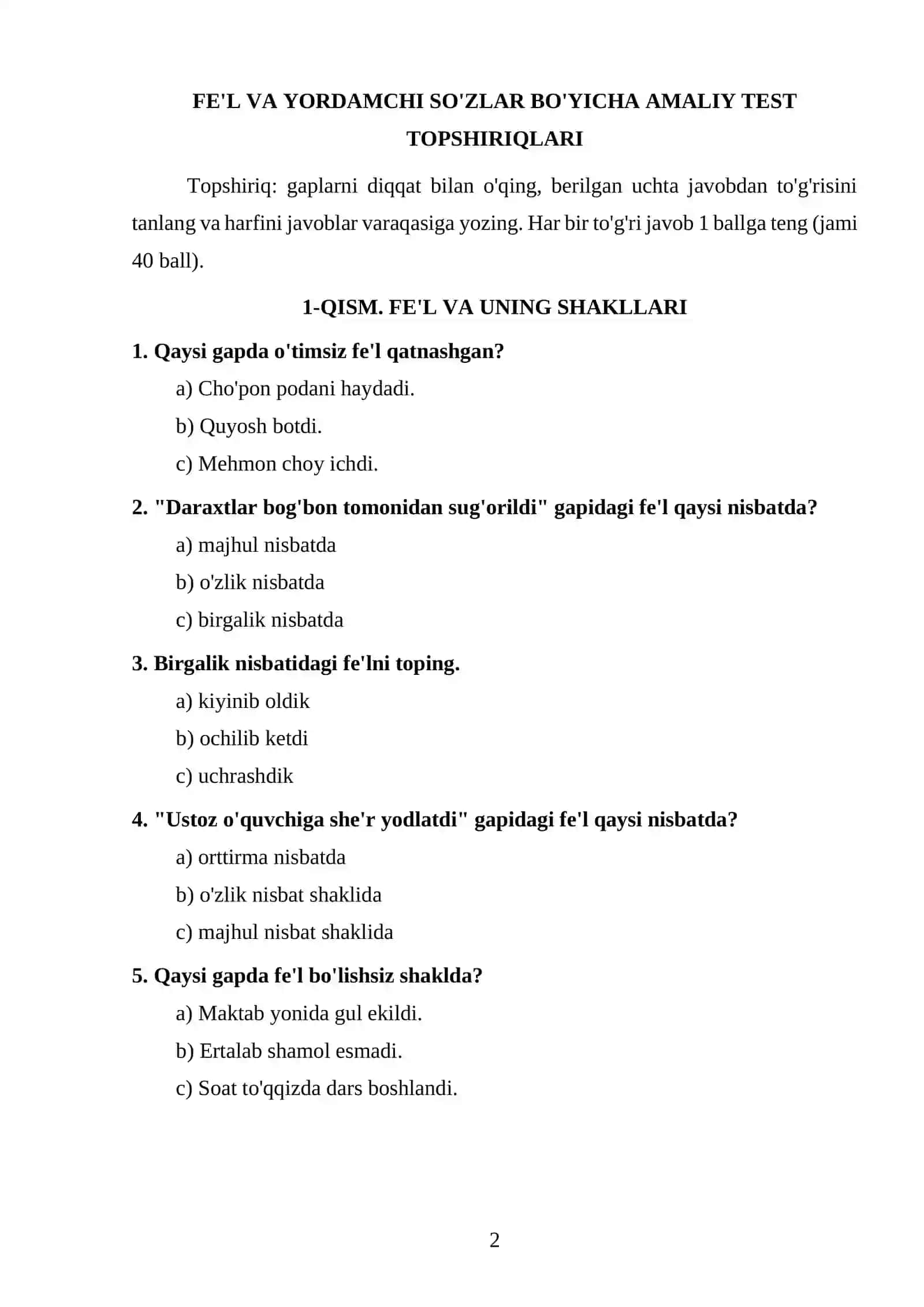 FE'L VA YORDAMCHI SO'ZLAR BO'YICHA AMALIY TEST TOPSHIRIQLARI 2
