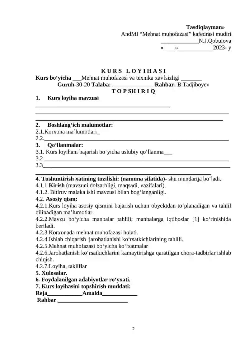Kursovaya ish "Ishlab Chiqarish Korxonalarida Shovqin va Titrash Xavfsizligini Ta’minlash Chora-Tadbirlar" 2