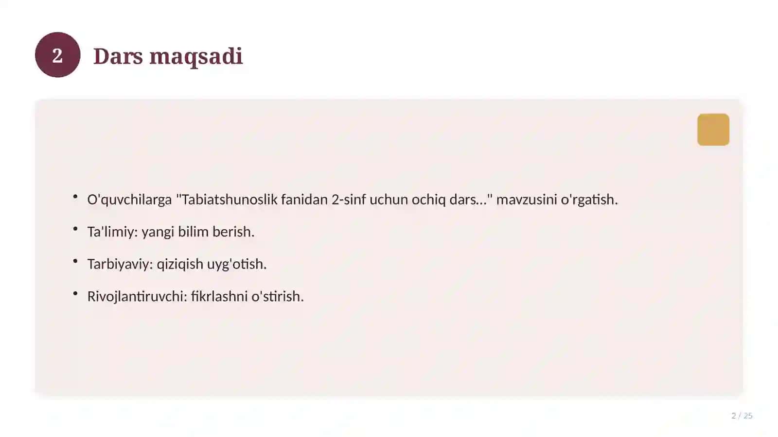 Tabiatshunoslik fanidan 2-sinf uchun ochiq dars ishlanmasi 2