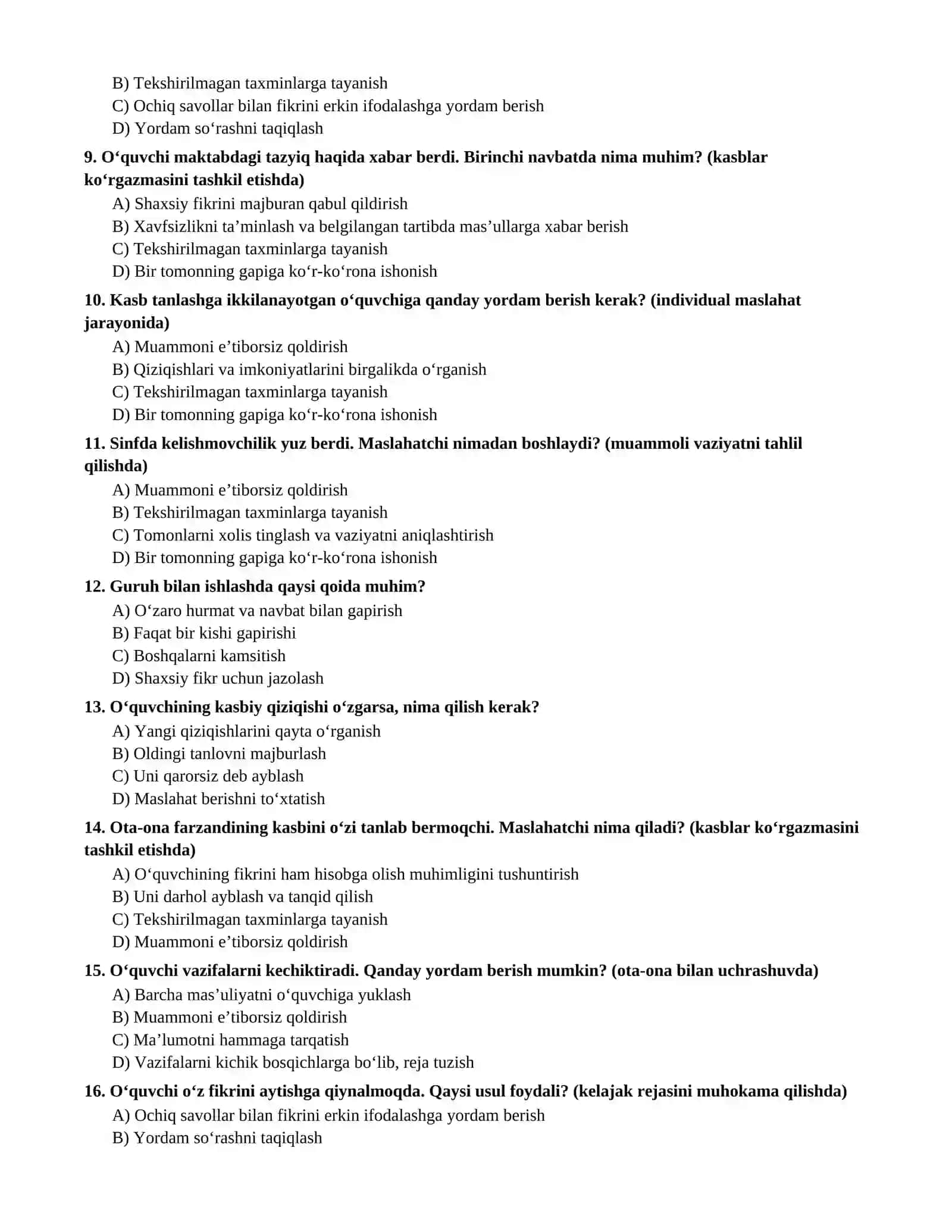 Maktab maslahatchisi uchun 200 ta test savoli — javoblari bilan 2