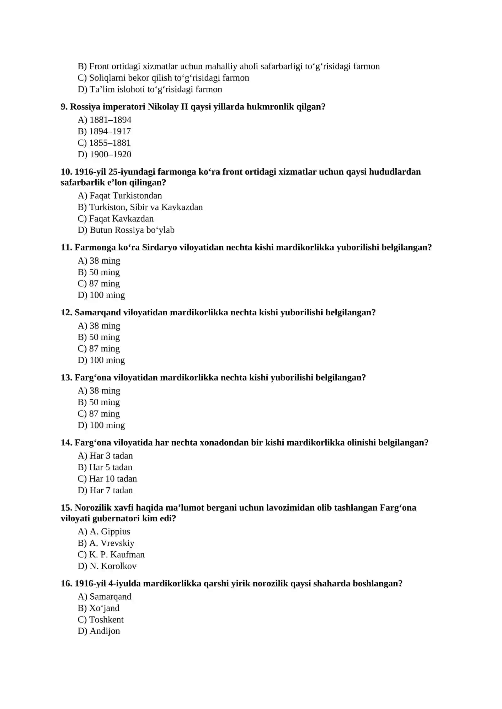 Mavzulashtirilgan testlar| 9-SINF O‘ZBEKISTON TARIXI VII boʻlim 2