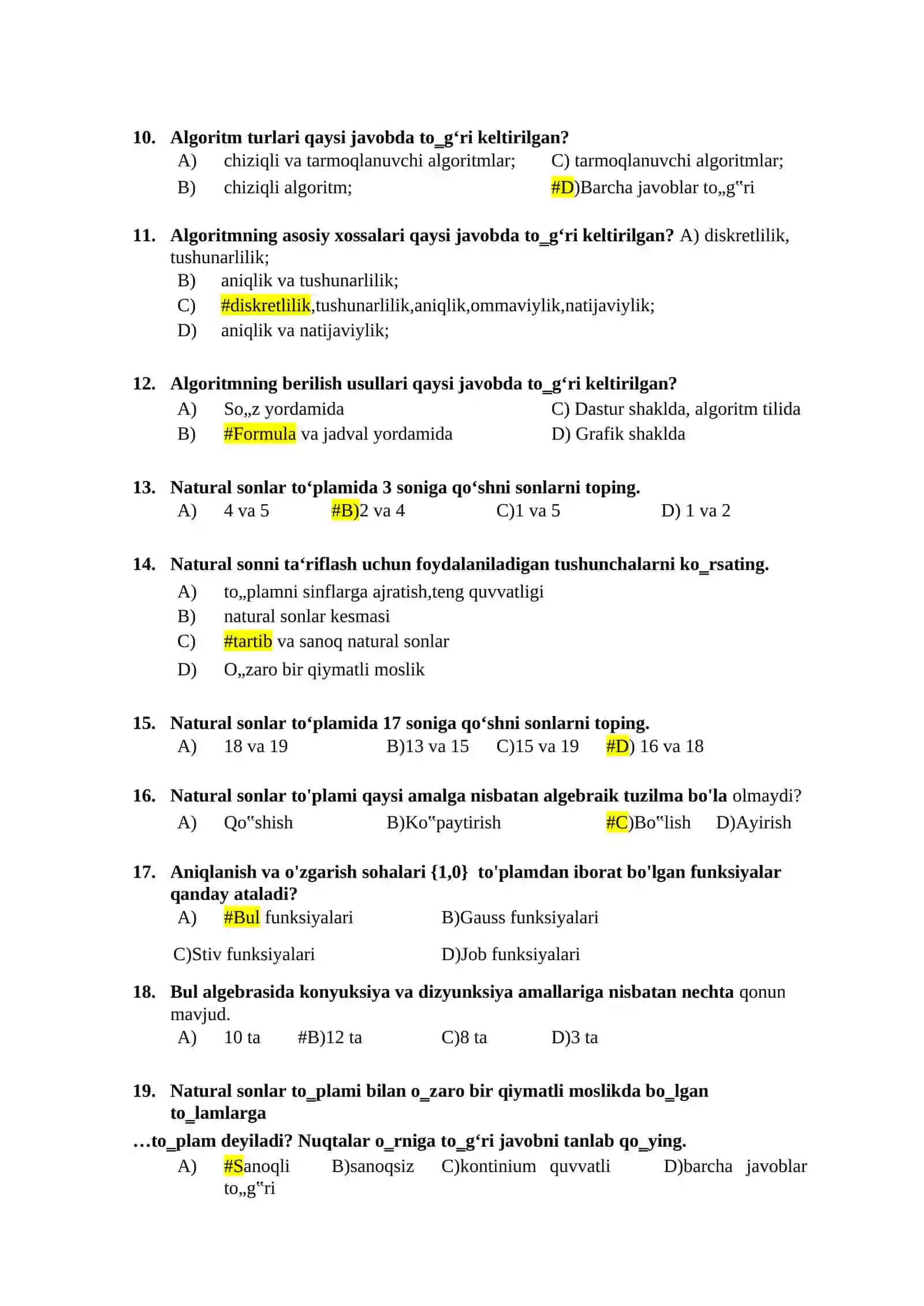 DISKRET TUZILMALAR FANIDA IV-SEMESTR MAVZULASHTIRILGA TESTLAR 2
