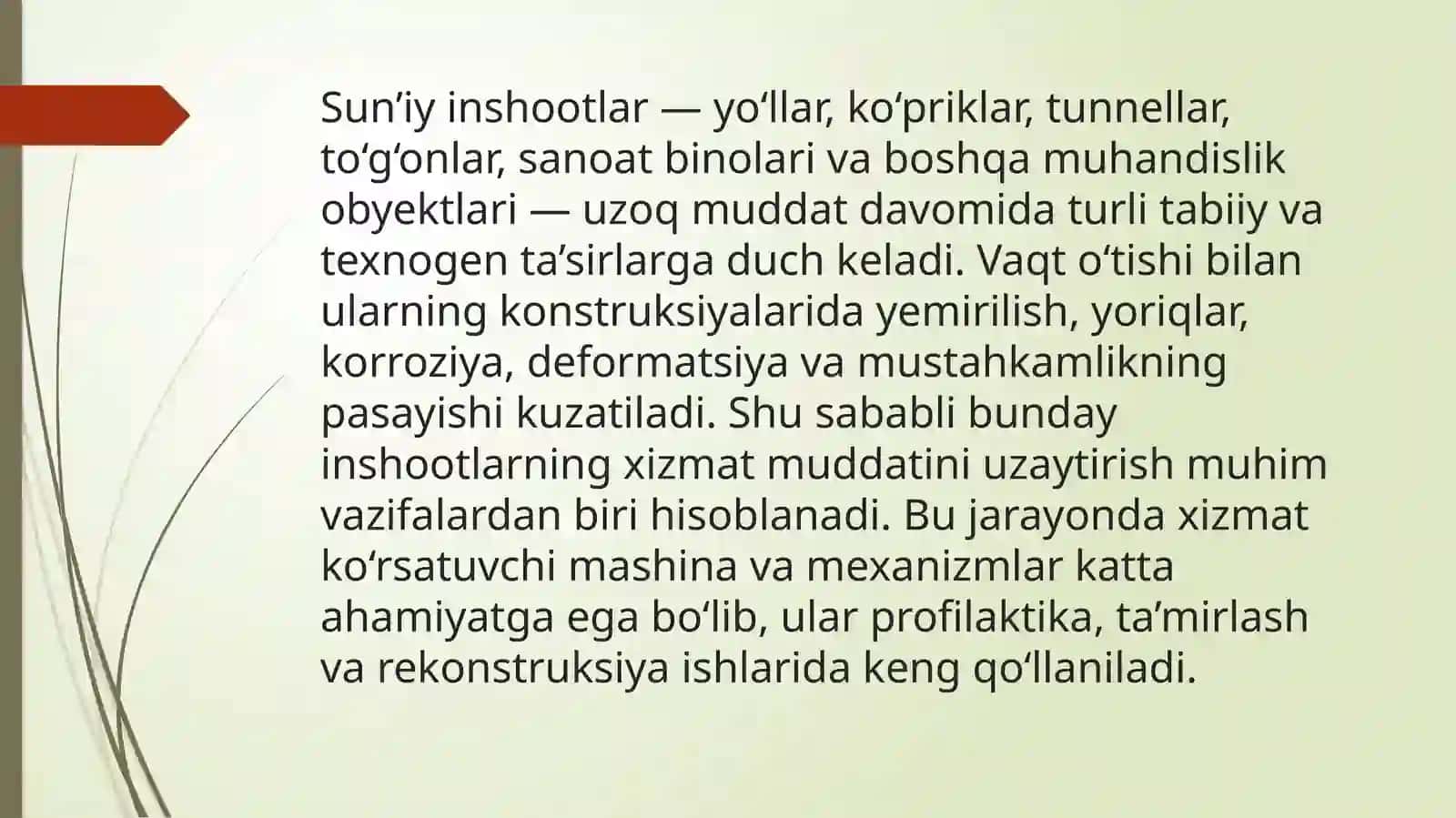 Sun'iy inshootlarni xizmat muddatini uzaytirish xizmat ko'rsatadigan mashina va mexanizmlar 2