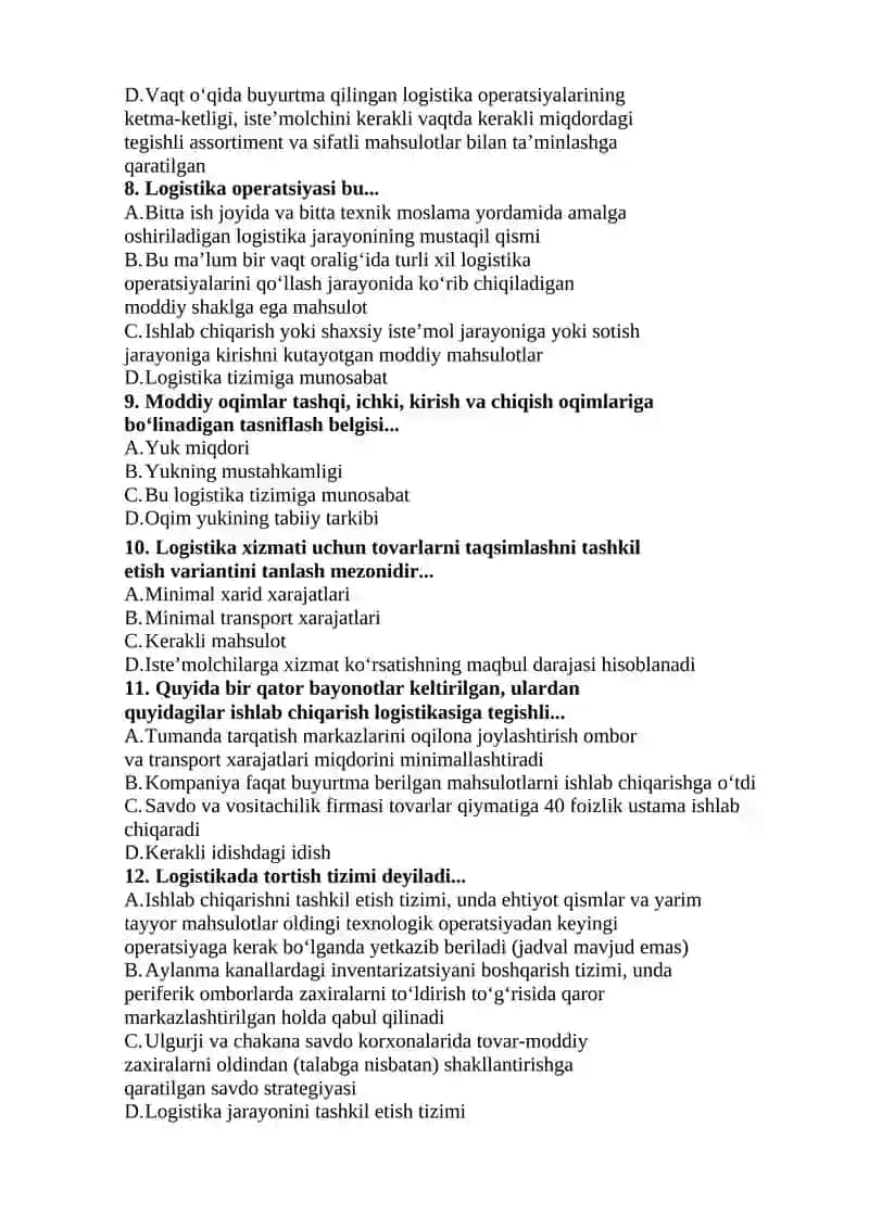 LOGISTIKA YAKUNIY TEST SAVOLLAR 2