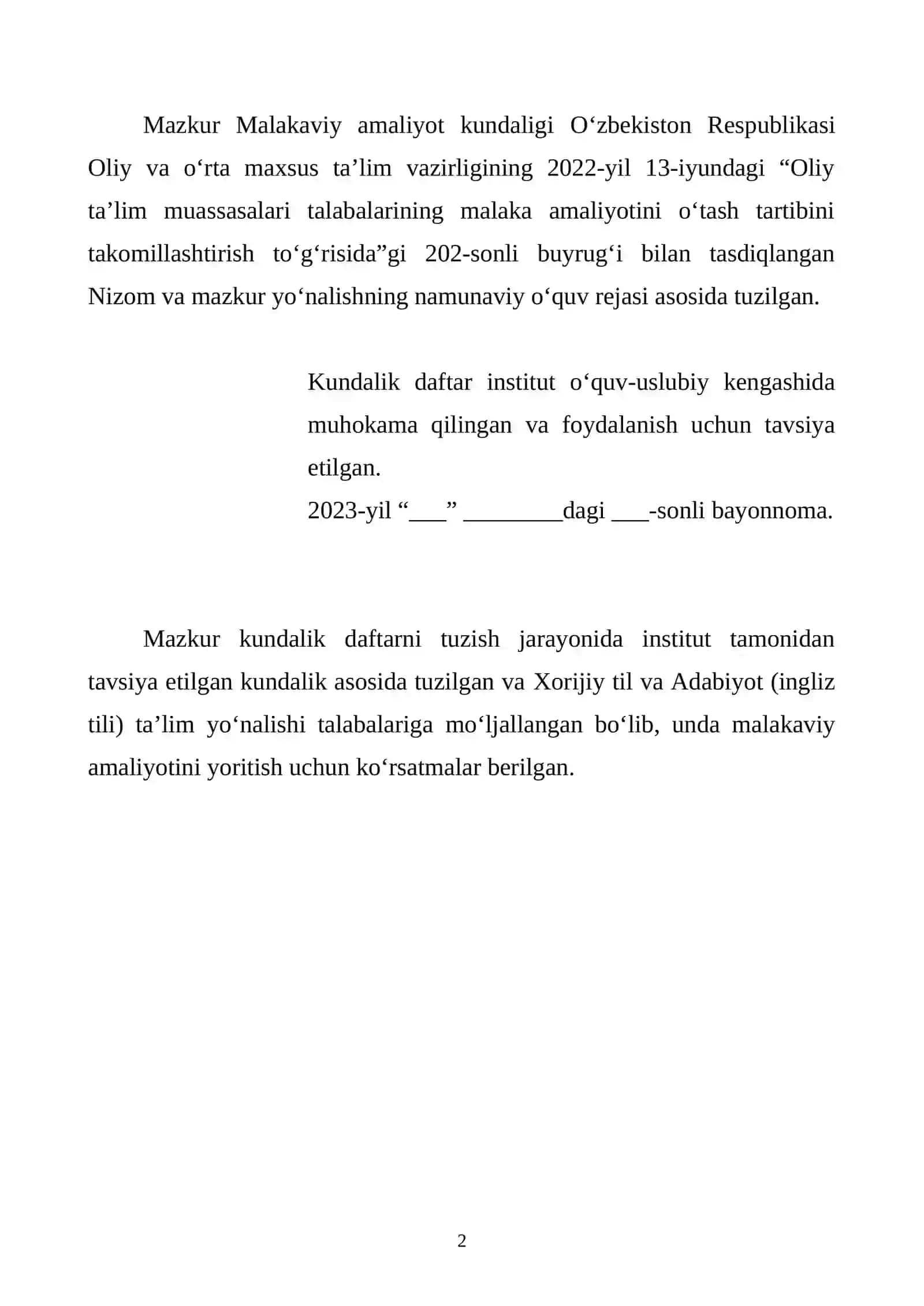 Malakaviy amaliyot kundaligi 2